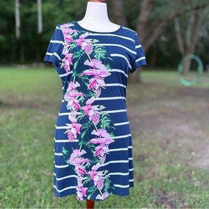 TOMMY BAHAMA NAVY WHITE STRIPE TROPICAL FLORAL T SHIRT SHORT SLEEVE DRESS RESORT